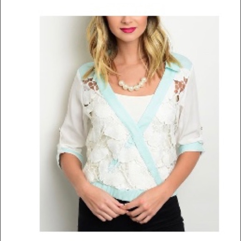 Mint & white sheer lace surplice top